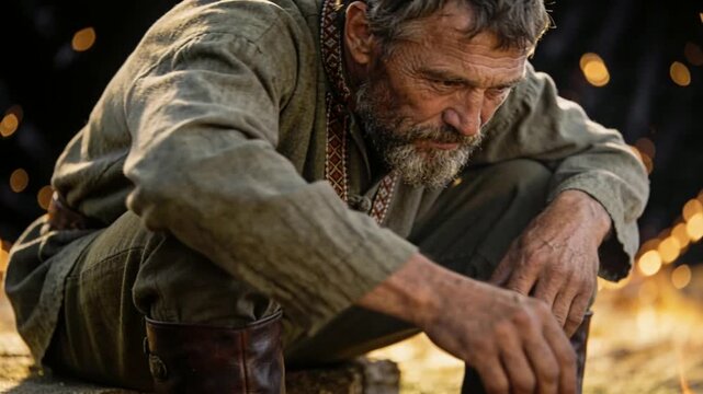 An old man crouching by a campfire, fiddling with hands and body