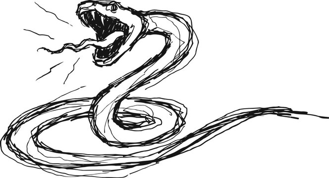 Snake with open mouth hissing and forked tongue out in aggressive posture