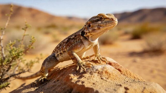 Desert lizard on a rock in arid landscape with sparse vegetation