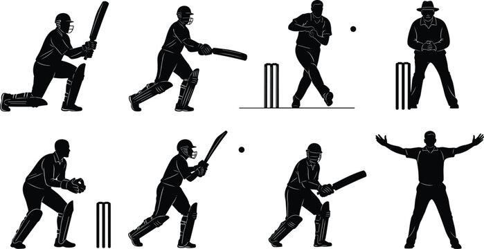 Cricket players silhouette collection featuring batsman hitting ball, bowler delivery, wicketkeeper stance, and umpire signaling wide, isolated vector icons set.