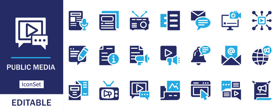 MarTech Broadcasting and Corporate Public Media Communication flat Icon Set