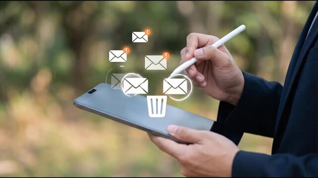 Person using tablet to delete emails with trash icon overlay