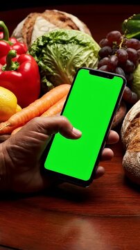 Ordering Groceries Online with Green Screen Phone - A hand holds a smartphone with a bright green screen, with a variety of fresh vegetables and bread in the background.