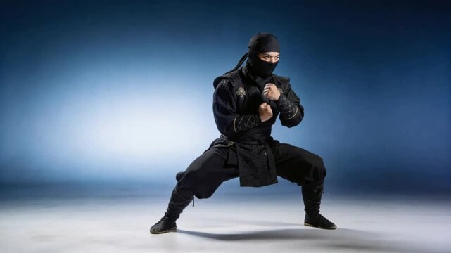 Ninja performing a martial arts sequence in a studio