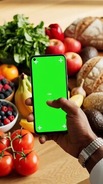 Mobile Grocery Order with Green Screen Smartphone - A hand holds a smartphone with a green screen, surrounded by fresh produce including fruits, vegetables, and bread.