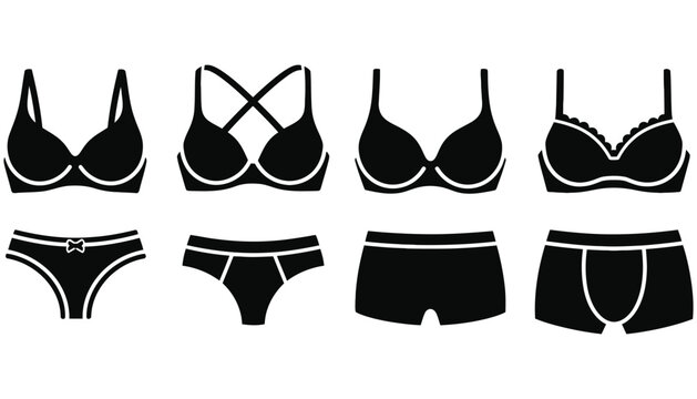 Underwear vector icons set including bras and panties in black silhouette