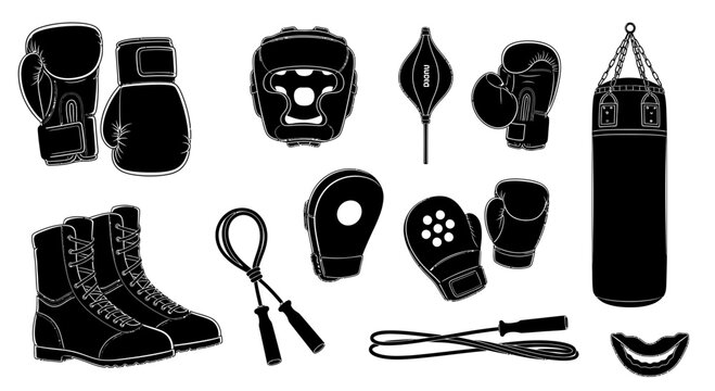 Boxing Equipment Icons Set Silhouette