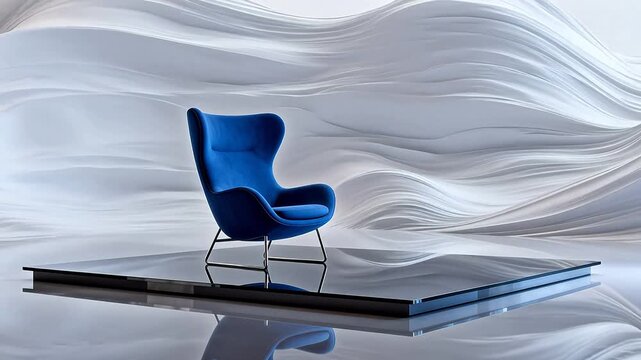 Blue armchair on reflective platform