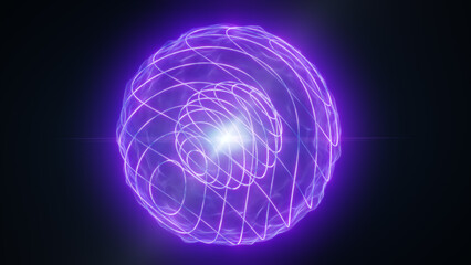 Glowing purple energy sphere with layered orbit lines and radiant core, futuristic digital network abstraction on dark background © Bolbik