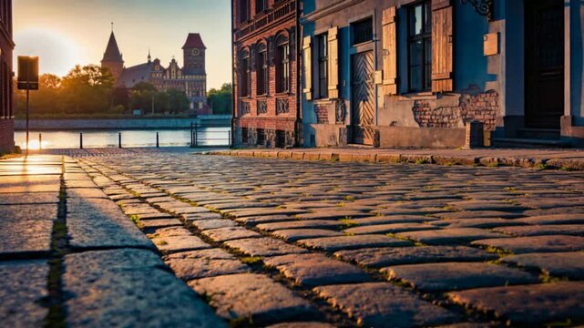 Sunset over a cobblestone street with a river and buildings