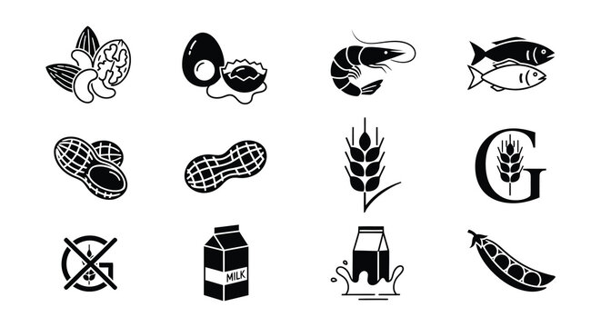 Common food allergens depicted as simple black and white icons