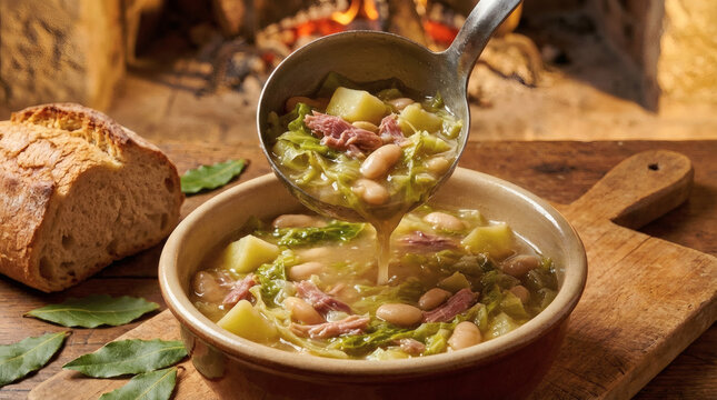 Garbure French Ham and Vegetable Soup in Rustic Kitchen Setting