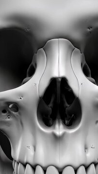 Human Facial Skeletal Framework Illustration - A detailed close-up illustration showcases the skeletal framework of a human face, including the nose cavity, eye sockets, and teeth.