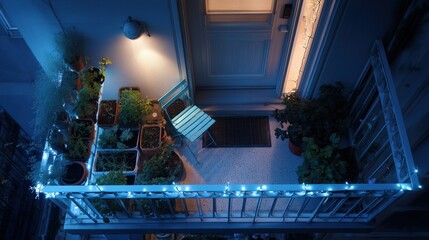 Fototapeta premium Cozy urban balcony vegetable garden at night with glowing string lights and single green chair above city street