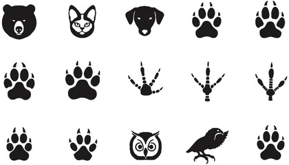 Obraz premium Animal silhouette icons including bear, cat, dog, spider, owl, and bird