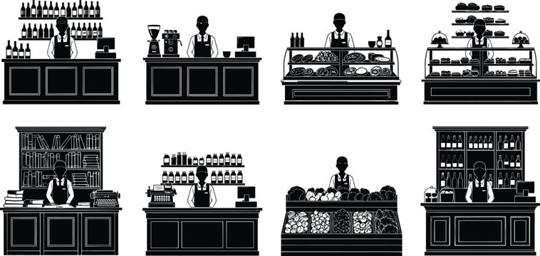 Black silhouette set featuring workers at shop counters including bakery, coffee shop, wine bar, bookstore, pharmacy, and grocery market stalls.