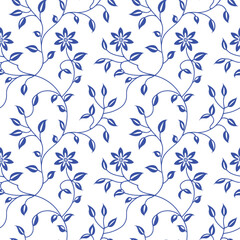 Blue floral seamless pattern with elegant vine leaves and blooming flowers on transparent background for textile or wallpaper design © Moynul