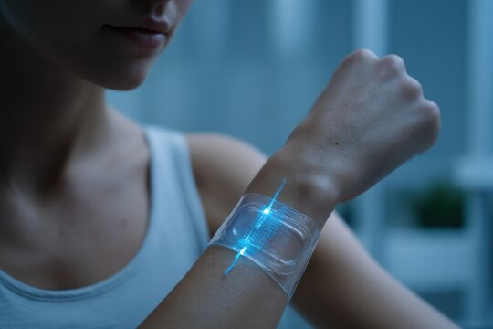 A person uses a bio-sensor patch on their forearm to track glucose levels in a laboratory. The patch glows softly in blue light.
