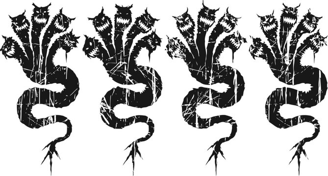 Grunge hydra illustration with multiple heads and serpent body in black ink