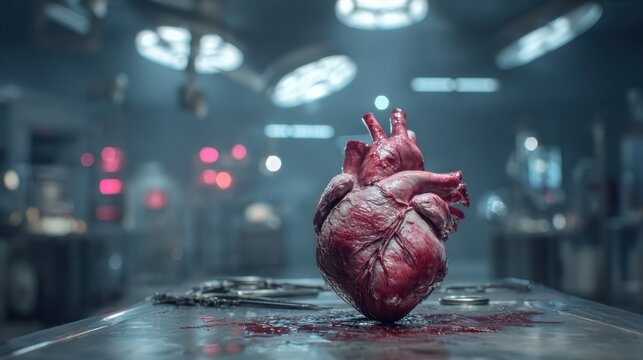 Red heart sits on a cold table in a medical lab with equipment in the background and bright lights above during a surgical scene