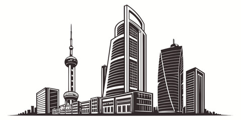 Skyline of modern city buildings with a distinctive tower in the background