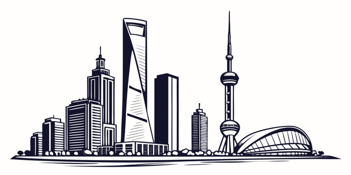 A detailed black and white illustration of the shanghai skyline featuring iconic buildings