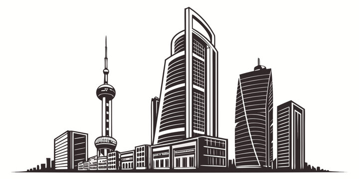 Skyline of modern city buildings with a distinctive tower in the background