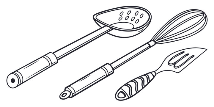 A set of kitchen utensils including a spatula, whisk, and ladle