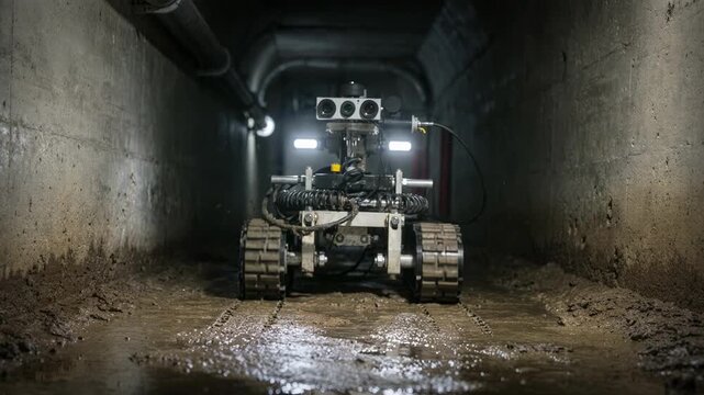 Medium shot of a cableinspecting crawler moving through a narrow underground tunnel robots sensors and cables in clear focus while background fades into shadow.