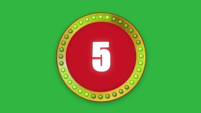 Ten Second Retro Casino Style Countdown Timer In Red Oval With Gold Flashing Light Bulb Frame On Green Screen