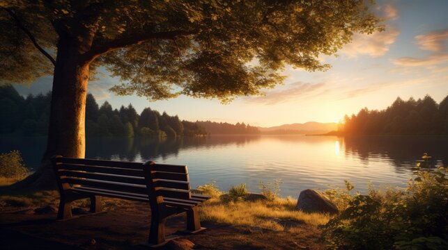 A photo of a bench overlooking a calm lake.