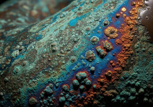 A close-up view of a rusty metal surface with vibrant blue and orange hues