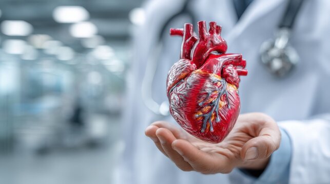 Doctor holds a detailed model of the human heart in a medical facility during a demonstration on anatomy and function