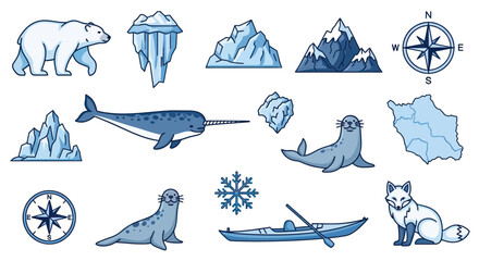 Arctic Animals and Iceberg Icons: Polar Bear, Narwhal, Seal, Fox, Kayak © eric