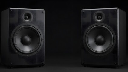 Fototapeta premium Two black speakers stand out against a dark background in a studio shot