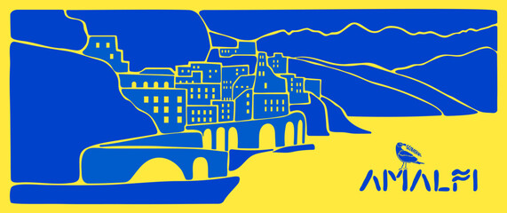 Amalfi coast landscape illustration with Italian Mediterranean summer city houses. Horizontal banner with yellow and blue sea, Positano town tiles and Italy watercolor travel postcard scenery.