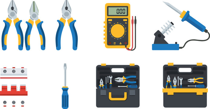 Electrical tools and equipment set, pliers multimeter soldering iron screwdriver toolkit, wiring and repair instruments, professional electrician kit, maintenance 