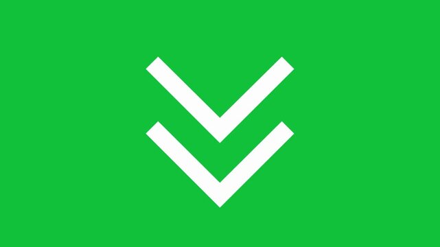 Animated digital motion footage featuring stark white double chevron icons scrolling downwards repeatedly against a vibrant solid green background symbolizing navigation or more content below video cl