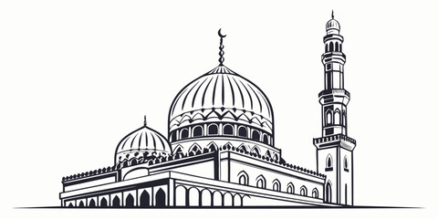 Intricate sketch of a mosque with domes and minarets in black and white © Mamun
