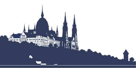 Silhouette of a grand cathedral with spires and domes on a hillside. © Mamun