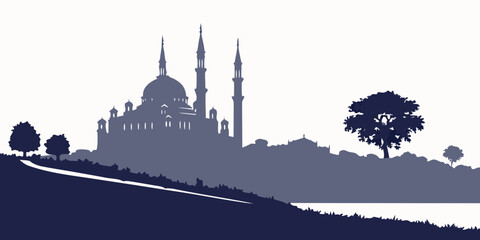 Silhouette of a majestic mosque with minarets and domes at sunset © Mamun