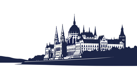 Majestic castle on a hill overlooking a serene lake at sunset. © Mamun