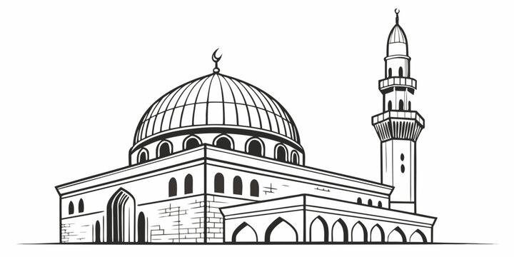Intricate black and white illustration of a mosque with a dome and minaret