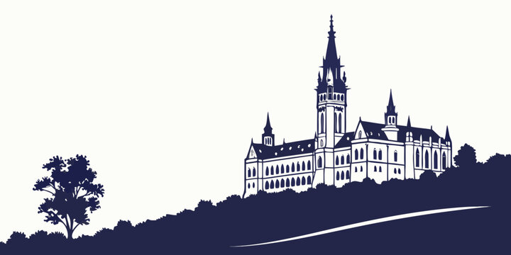 Majestic castle with spires and turrets on a hill overlooking a winding road.