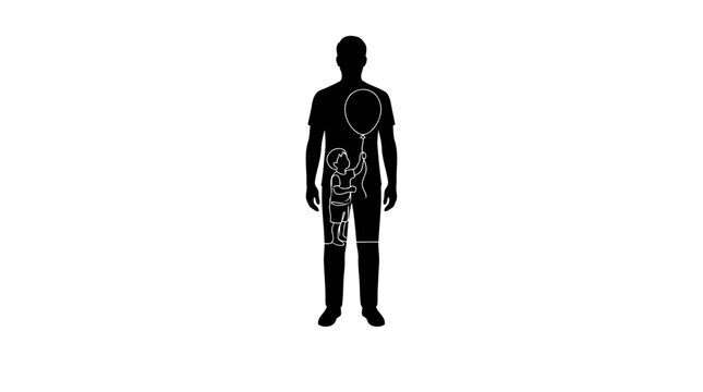 Inner Child Psychology Concept: Adult Silhouette with White Line Art of Child Playing with Balloon, Double Exposure Minimalist Vector.