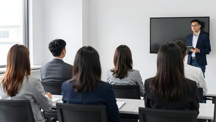 Fototapeta premium Business professional presents to audience at meeting or conference in a bright and modern office