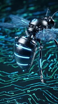 Futuristic Cybernetic Bee Concept - The video shows a close-up view of a futuristic, cybernetic bee with intricate metal details and illuminated accents.