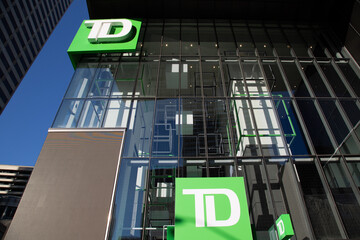 Naklejka premium Toronto, Canada, February 2, 2026: TD Canada Trust bank, located in the Toronto business and financial center
