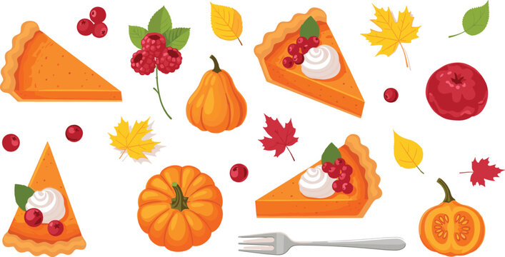 Autumn Pumpkin Pie Dessert Vector Set with Fall Leaves, Cranberries, Apples, Pumpkin Slices, and Thanksgiving Sweet Bakery Food Illustration Collection