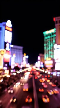 Las Vegas Strip at Night Defocused - This video shows a blurred view of the Las Vegas Strip at night, featuring the bright lights of luxury hotels and casinos.